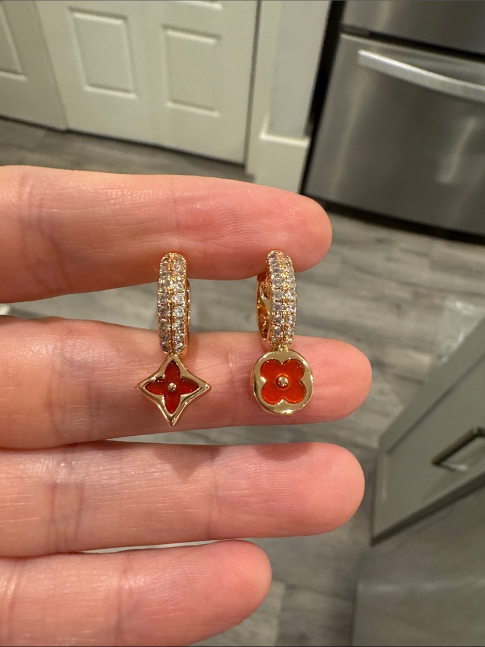 Red Carnelian Asymmetrical Hoop Earrings Champagne Gold Tone